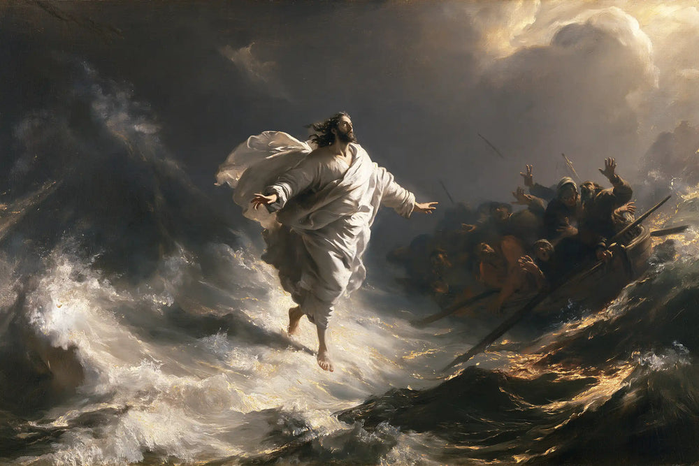 Jesus walking on water in Theatrical Baroque style, landscape Christian artwork no. 18