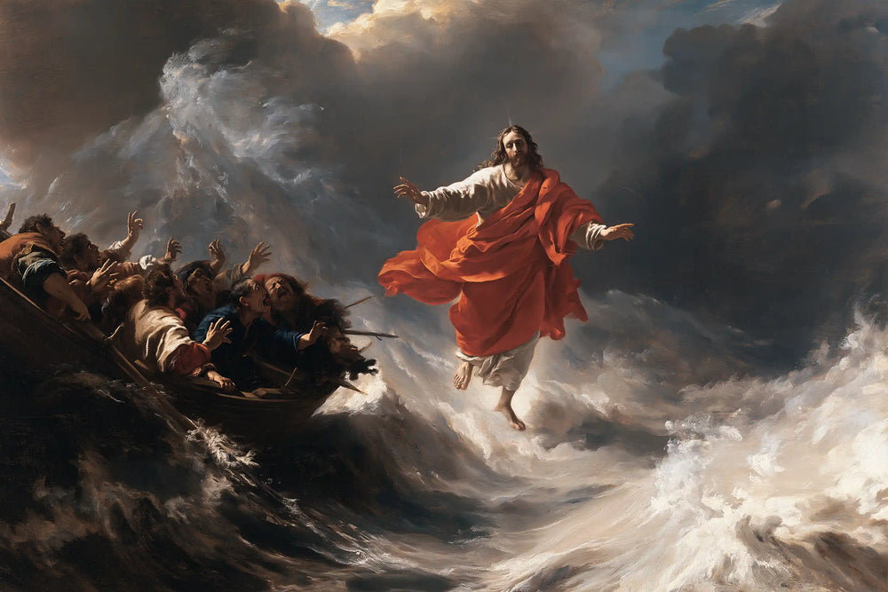Jesus walking on water in Theatrical Baroque style, landscape Christian artwork no. 20