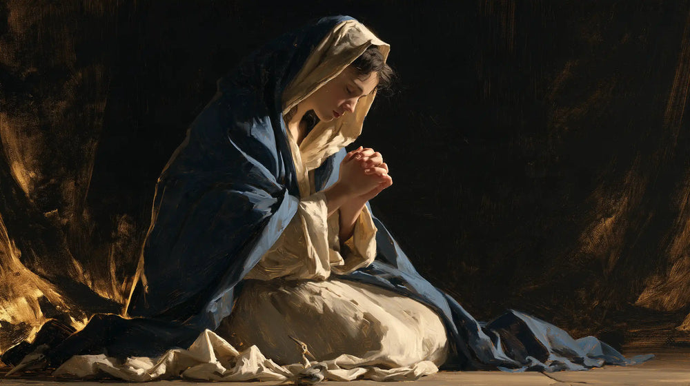 the Virgin Mary in prayer in Black and Gold style, landscape Christian artwork no. 8