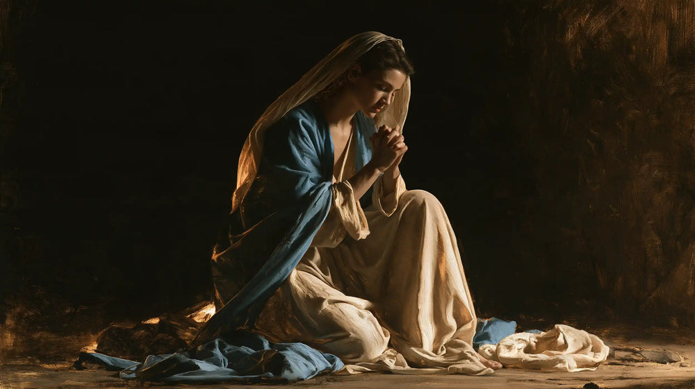 the Virgin Mary in prayer in Black and Gold style, landscape Christian artwork no. 9