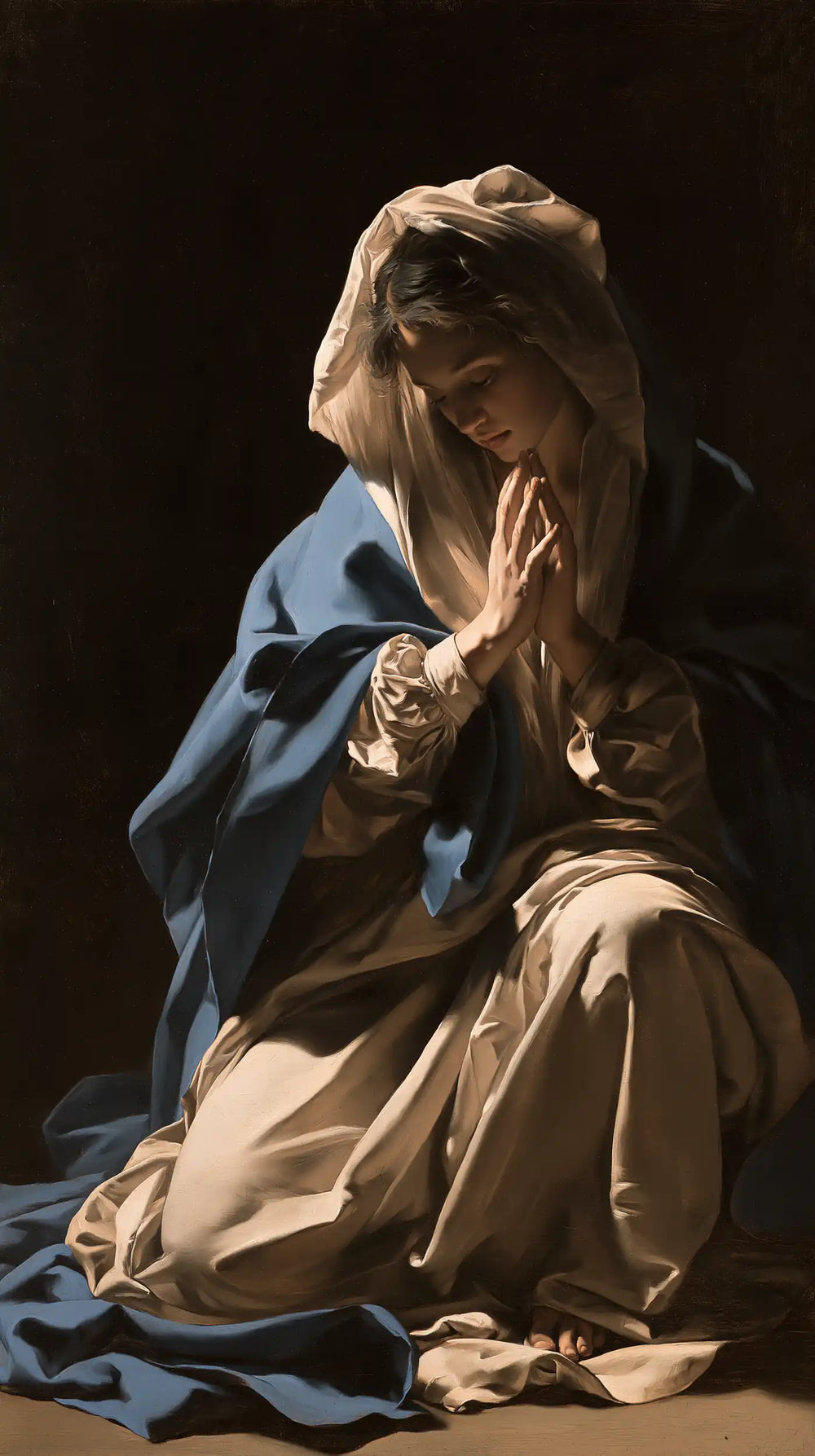 the Virgin Mary in prayer in Caravaggio Tenebrism style, portrait Christian artwork no. 2