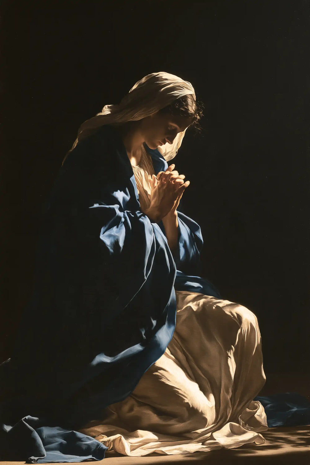 the Virgin Mary in prayer in Caravaggio Tenebrism style, portrait Christian artwork no. 10