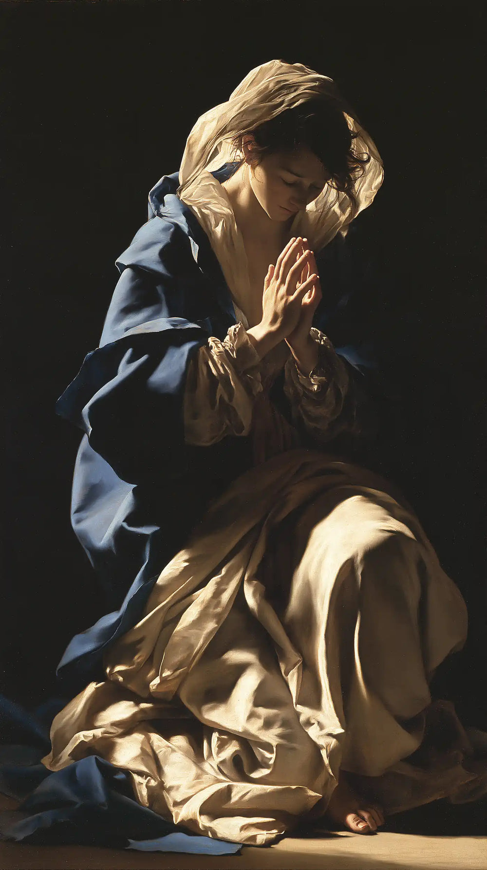 the Virgin Mary in prayer in Caravaggio Tenebrism style, portrait Christian artwork no. 12