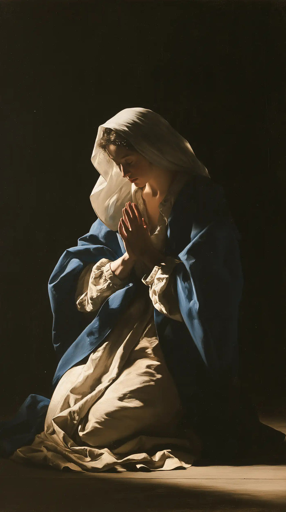the Virgin Mary in prayer in Caravaggio Tenebrism style, portrait Christian artwork no. 13