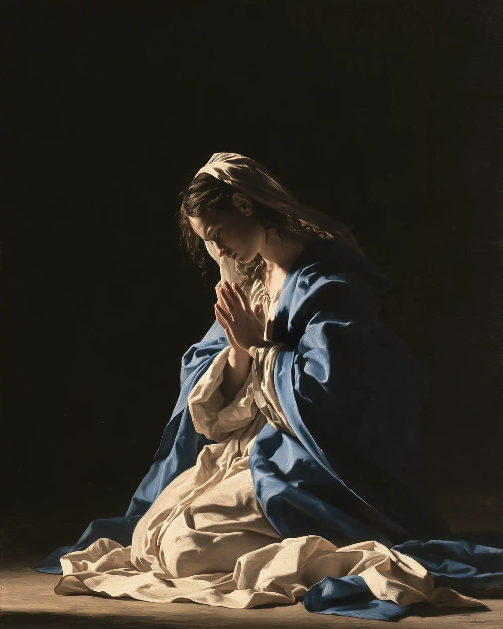 the Virgin Mary in prayer in Caravaggio Tenebrism style, portrait Christian artwork no. 25