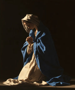 Virgin Mary in Prayer — The Pale Robe beneath Blue Shelter