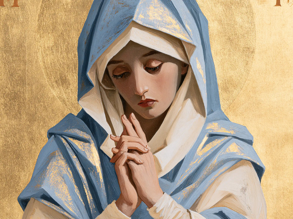 the Virgin Mary in prayer in Contemporary Byzantine style, landscape Christian artwork no. 3