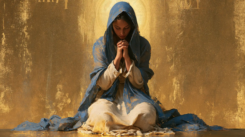 the Virgin Mary in prayer in Contemporary Byzantine style, landscape Christian artwork no. 22