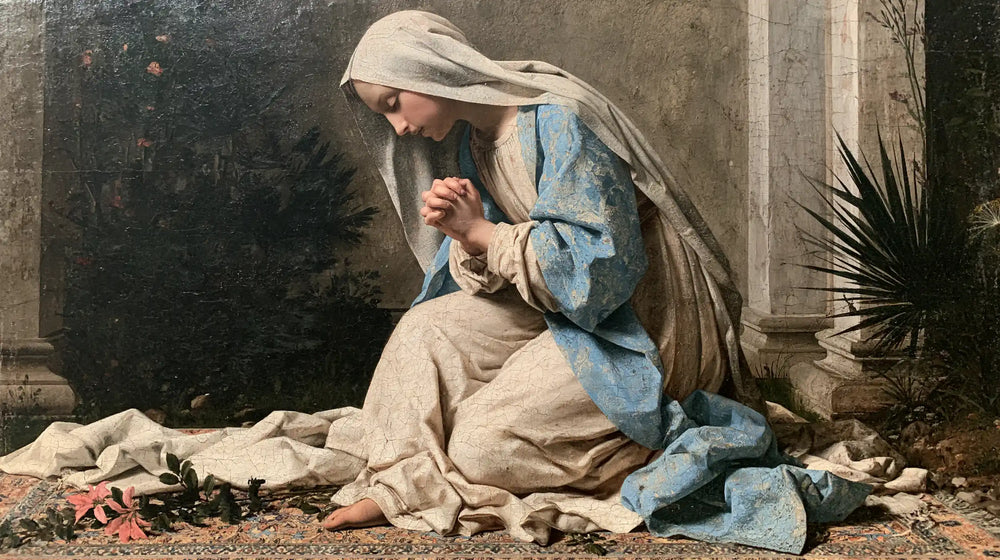 the Virgin Mary in prayer in Florentine Renaissance style, landscape Christian artwork no. 10