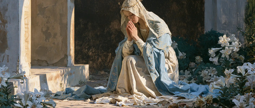 the Virgin Mary in prayer in Florentine Renaissance style, landscape Christian artwork no. 24