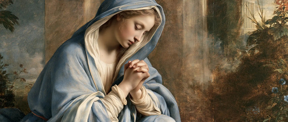 the Virgin Mary in prayer in Florentine Renaissance style, landscape Christian artwork no. 25