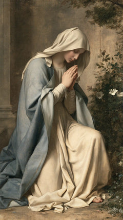 Virgin Mary in Prayer — Barefoot Prayer in the Garden