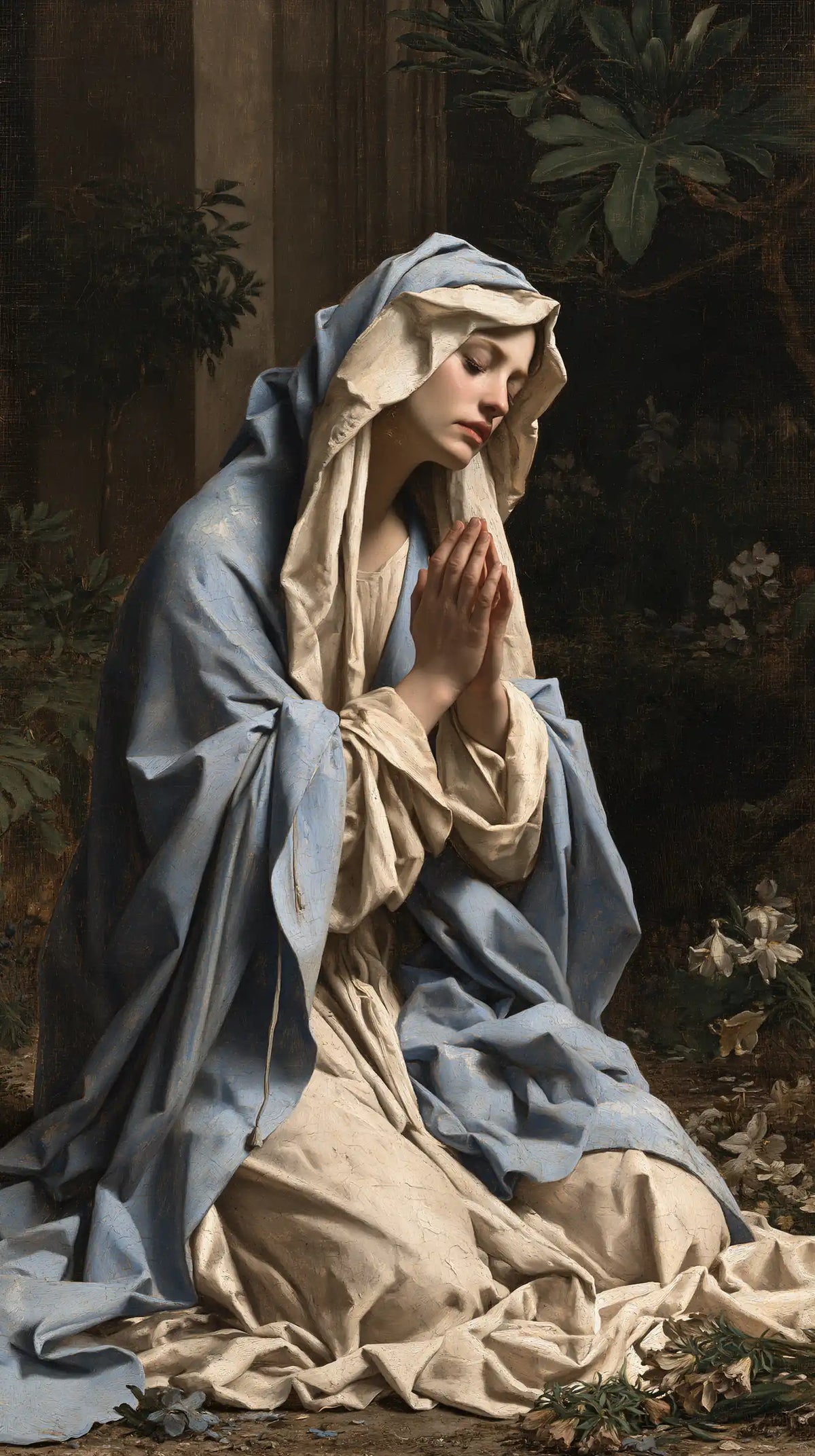 Virgin Mary in Prayer — The Pleated Veil in the Dark Garden
