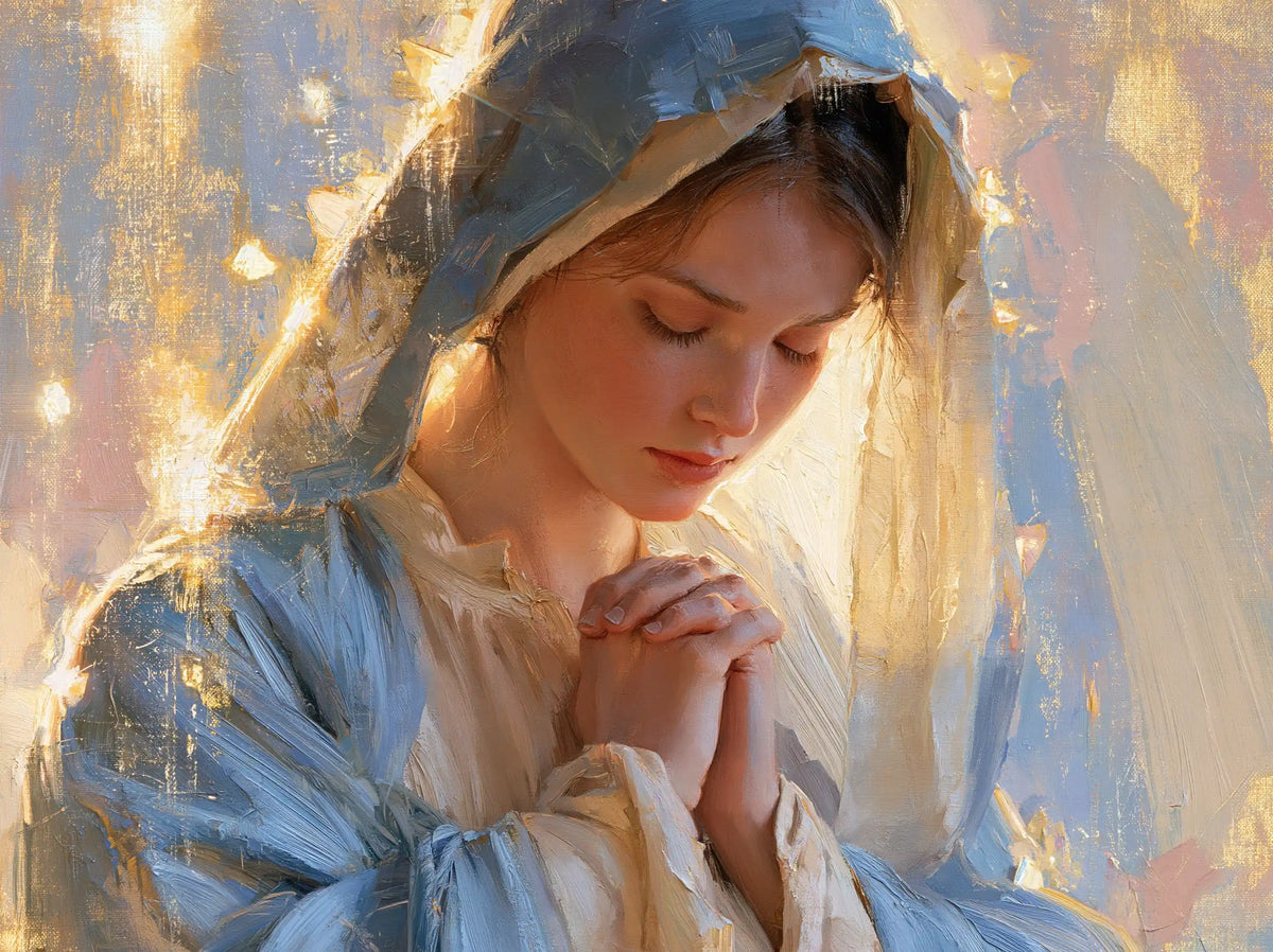 the Virgin Mary in prayer in Impressionist style, landscape Christian artwork no. 6
