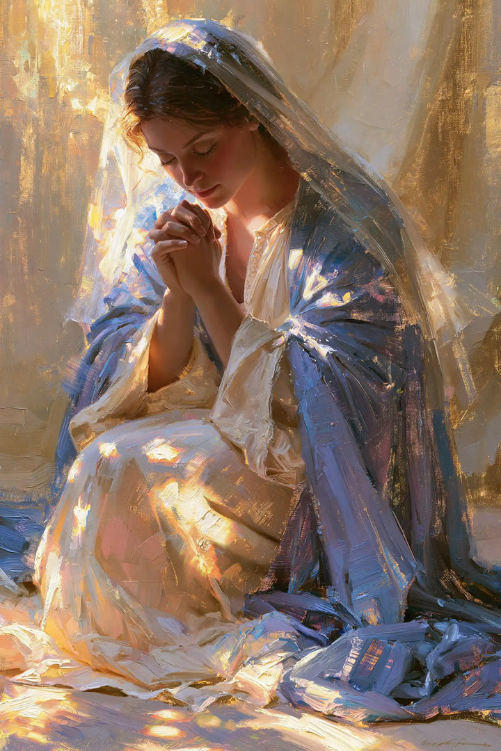 Virgin Mary in Prayer — Violet at the Edge of Devotion