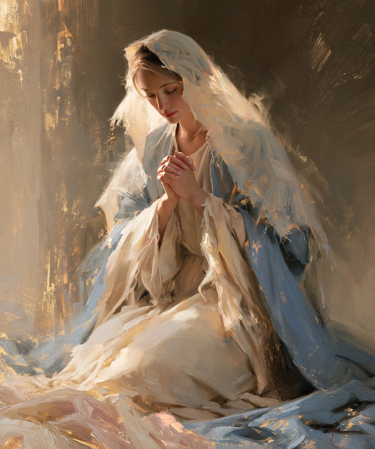 the Virgin Mary in prayer in Impressionist style, portrait Christian artwork no. 24