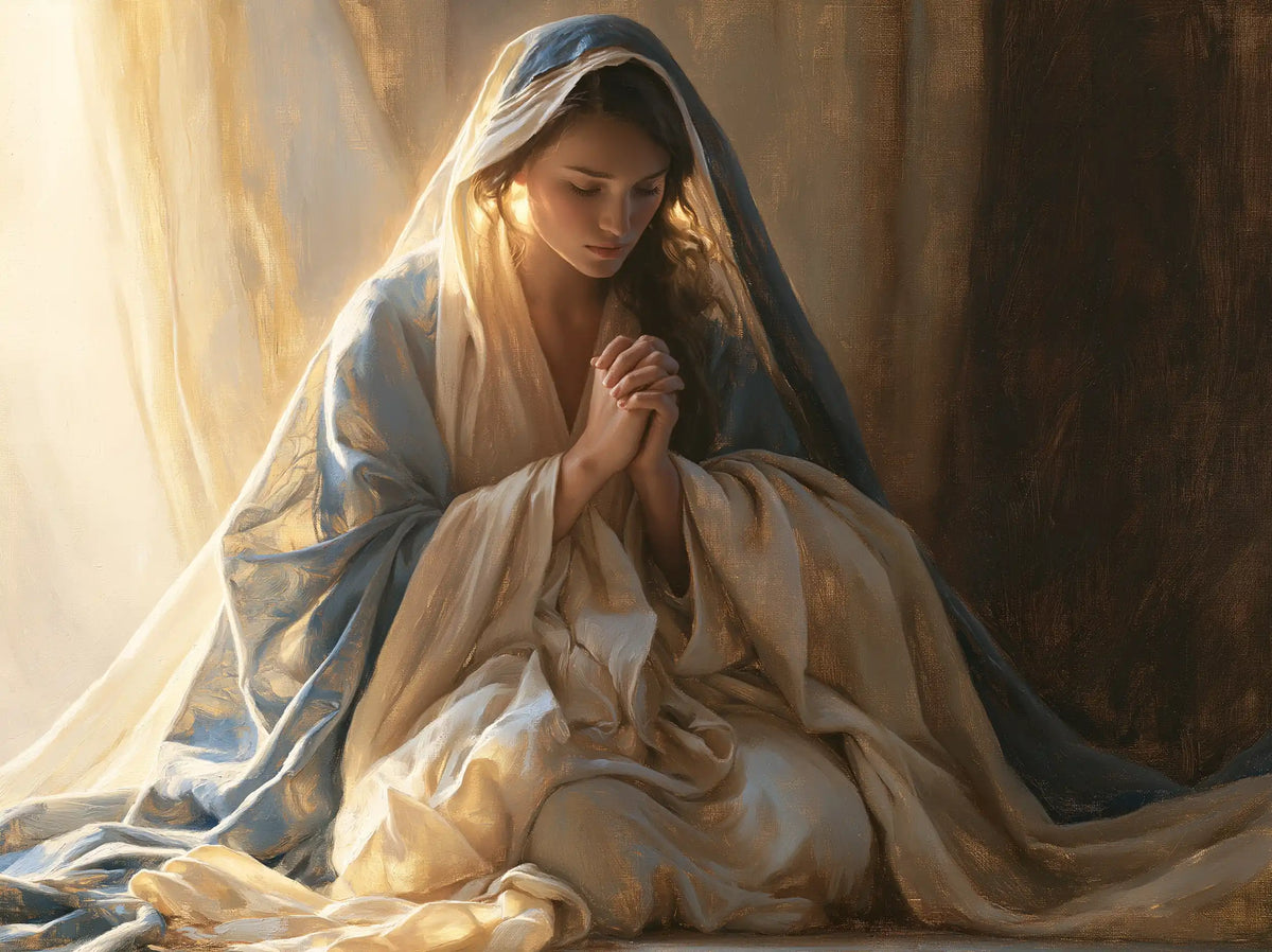 the Virgin Mary praying in a biblical-era interior in Mary in a Biblical Interior style, landscape Christian artwork no. 1