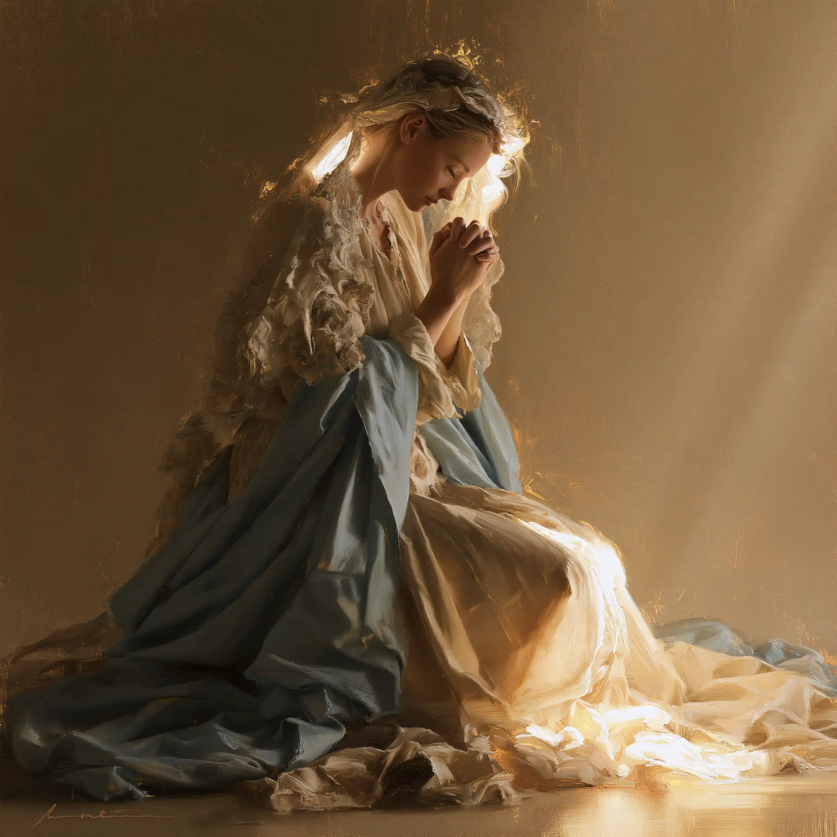 Virgin Mary in Prayer — Light at the Foot of the Drapery