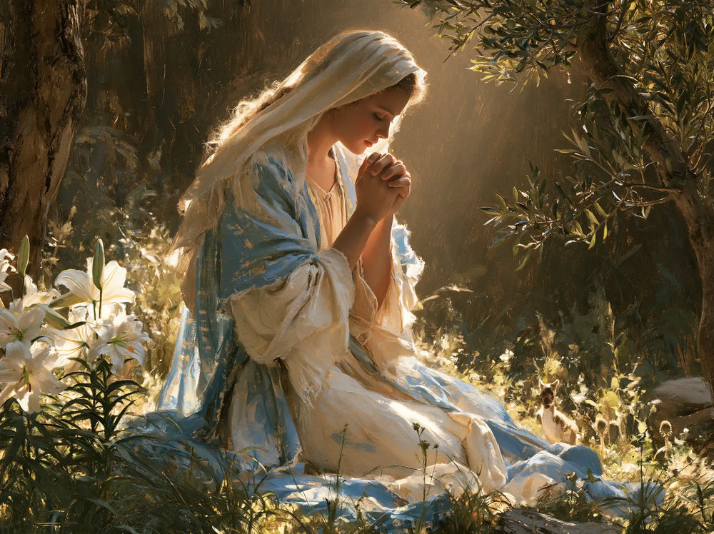 the Virgin Mary praying in a sacred garden in Mary in a Sacred Garden style, landscape Christian artwork no. 4