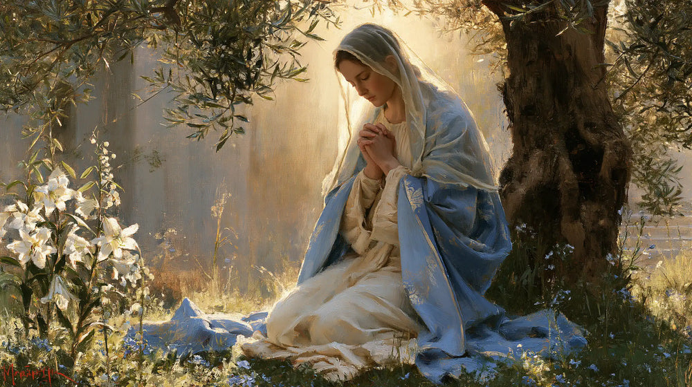 the Virgin Mary praying in a sacred garden in Mary in a Sacred Garden style, landscape Christian artwork no. 5