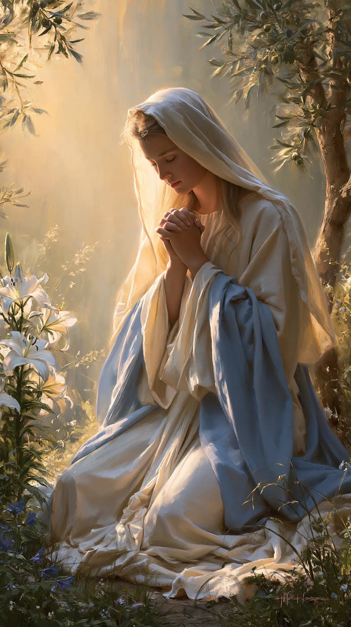 the Virgin Mary praying in a sacred garden in Mary in a Sacred Garden style, portrait Christian artwork no. 1