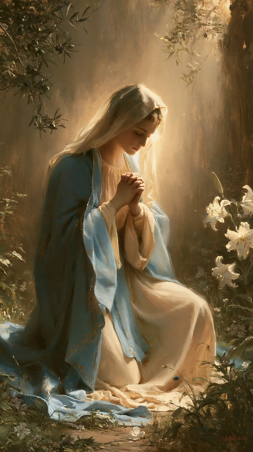 the Virgin Mary praying in a sacred garden in Mary in a Sacred Garden style, portrait Christian artwork no. 4