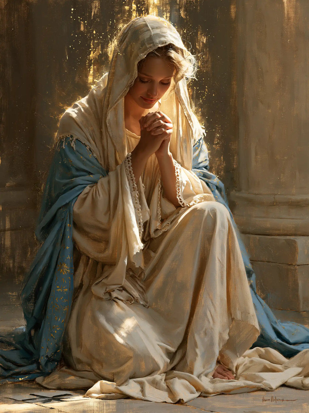 the Virgin Mary illuminated during prayer in Mary in Divine Light style, portrait Christian artwork no. 11