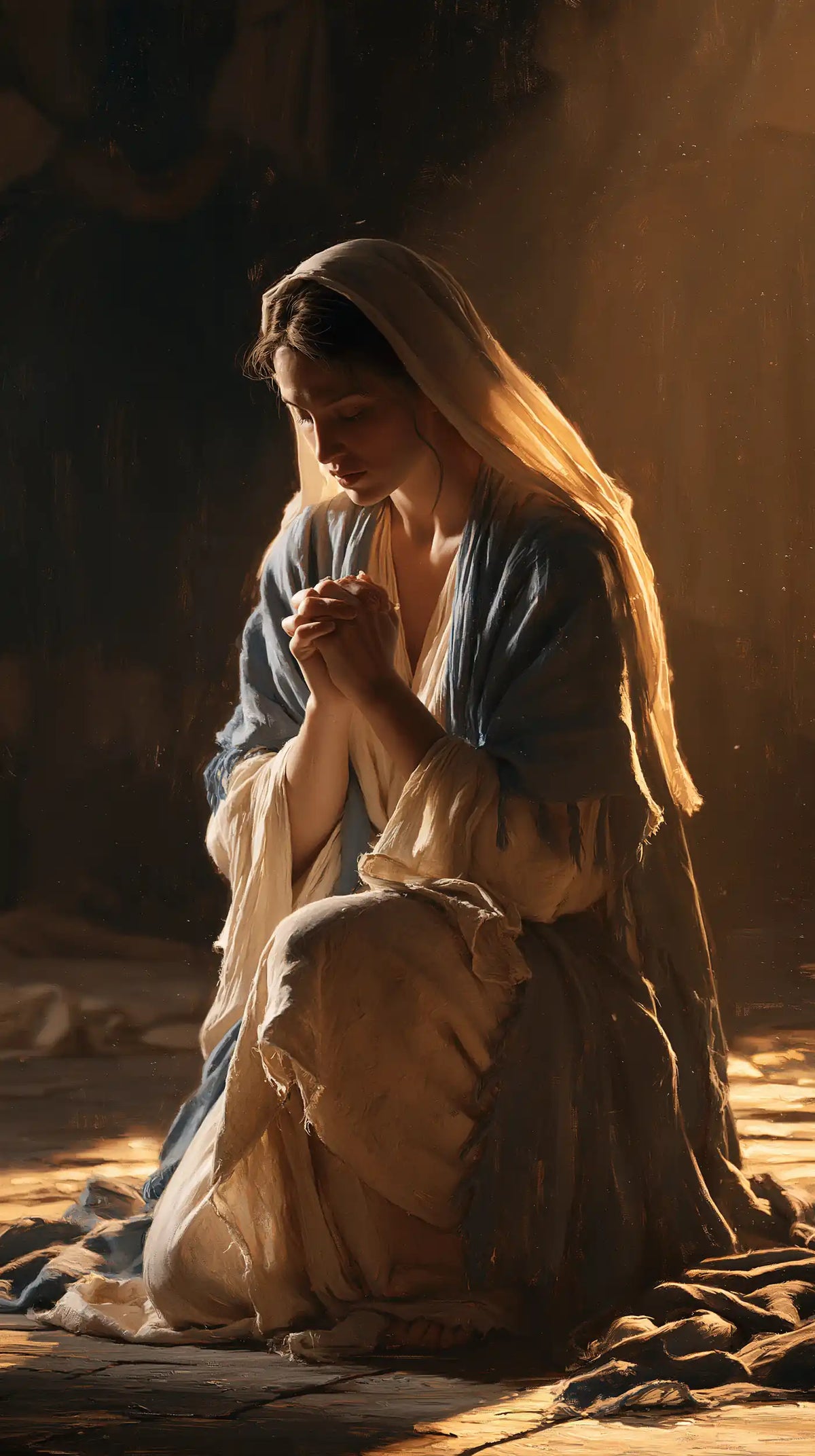 Virgin Mary in Prayer — The Amber Veil in Half-Light