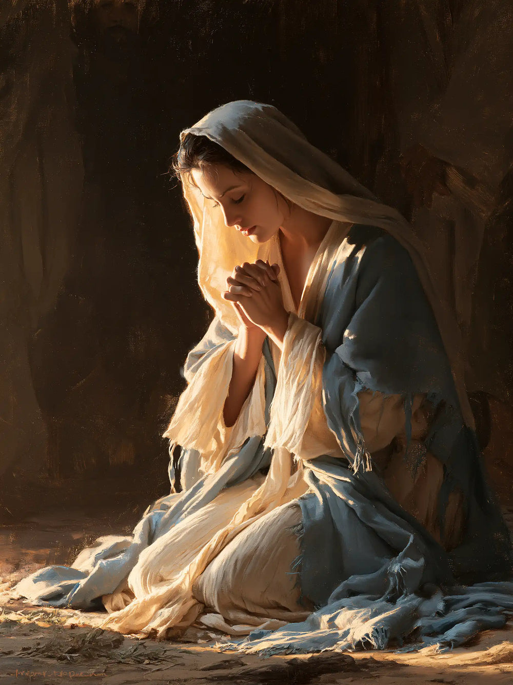 the Virgin Mary illuminated during prayer in Mary in Divine Light style, portrait Christian artwork no. 24