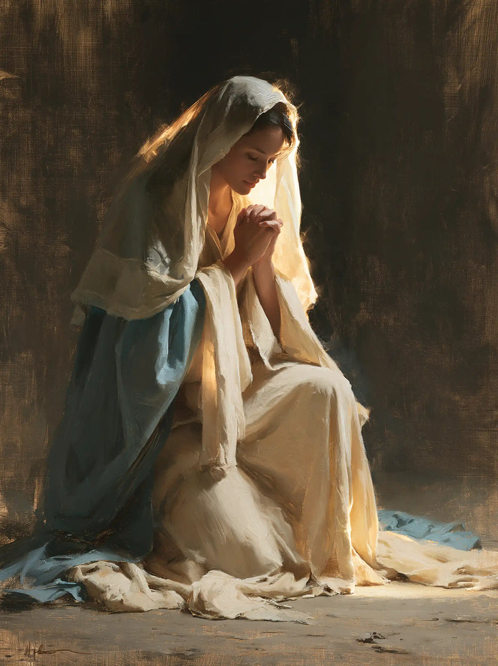 the Virgin Mary illuminated during prayer in Mary in Divine Light style, portrait Christian artwork no. 31