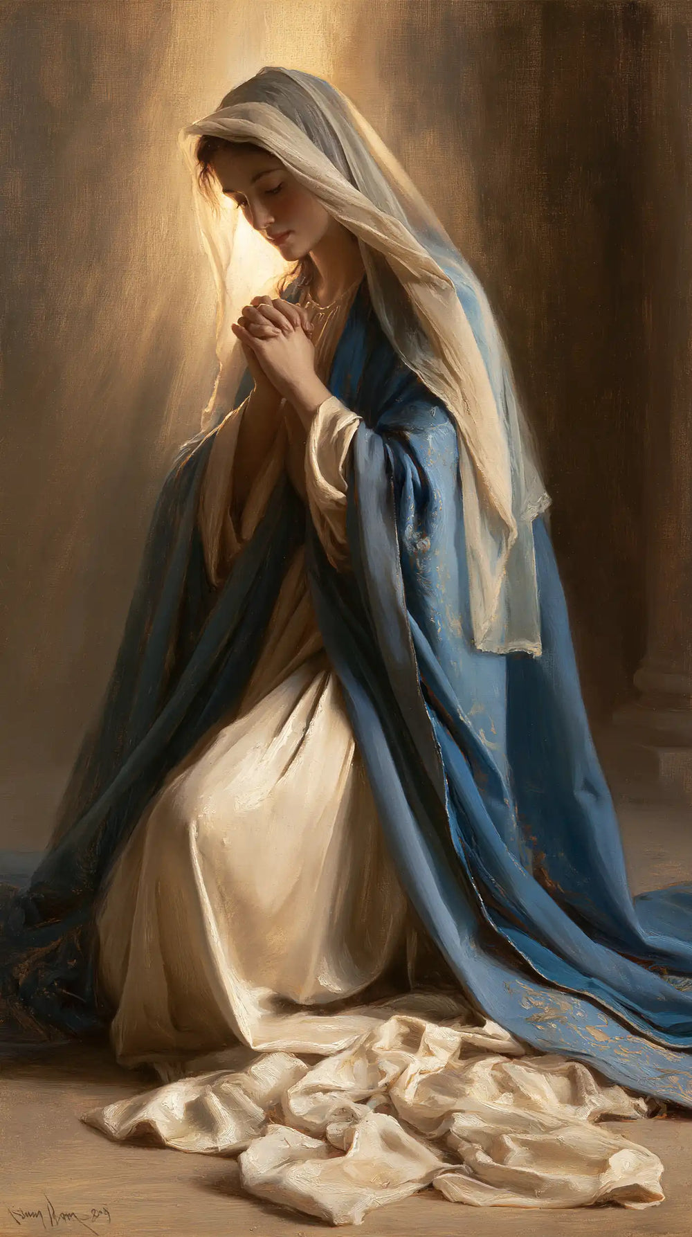 the Virgin Mary illuminated during prayer in Mary in Divine Light style, portrait Christian artwork no. 34