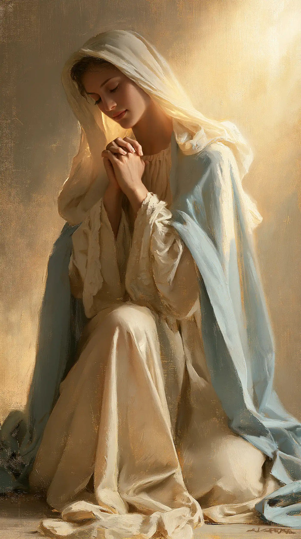 the Virgin Mary illuminated during prayer in Mary in Divine Light style, portrait Christian artwork no. 38
