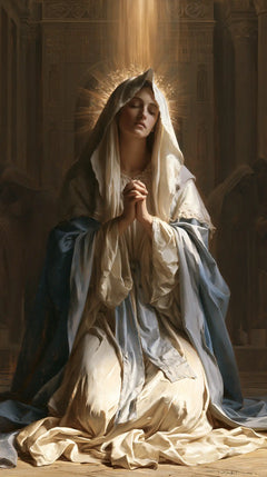 Virgin Mary in Prayer — The Upturned Face beneath the White Veil