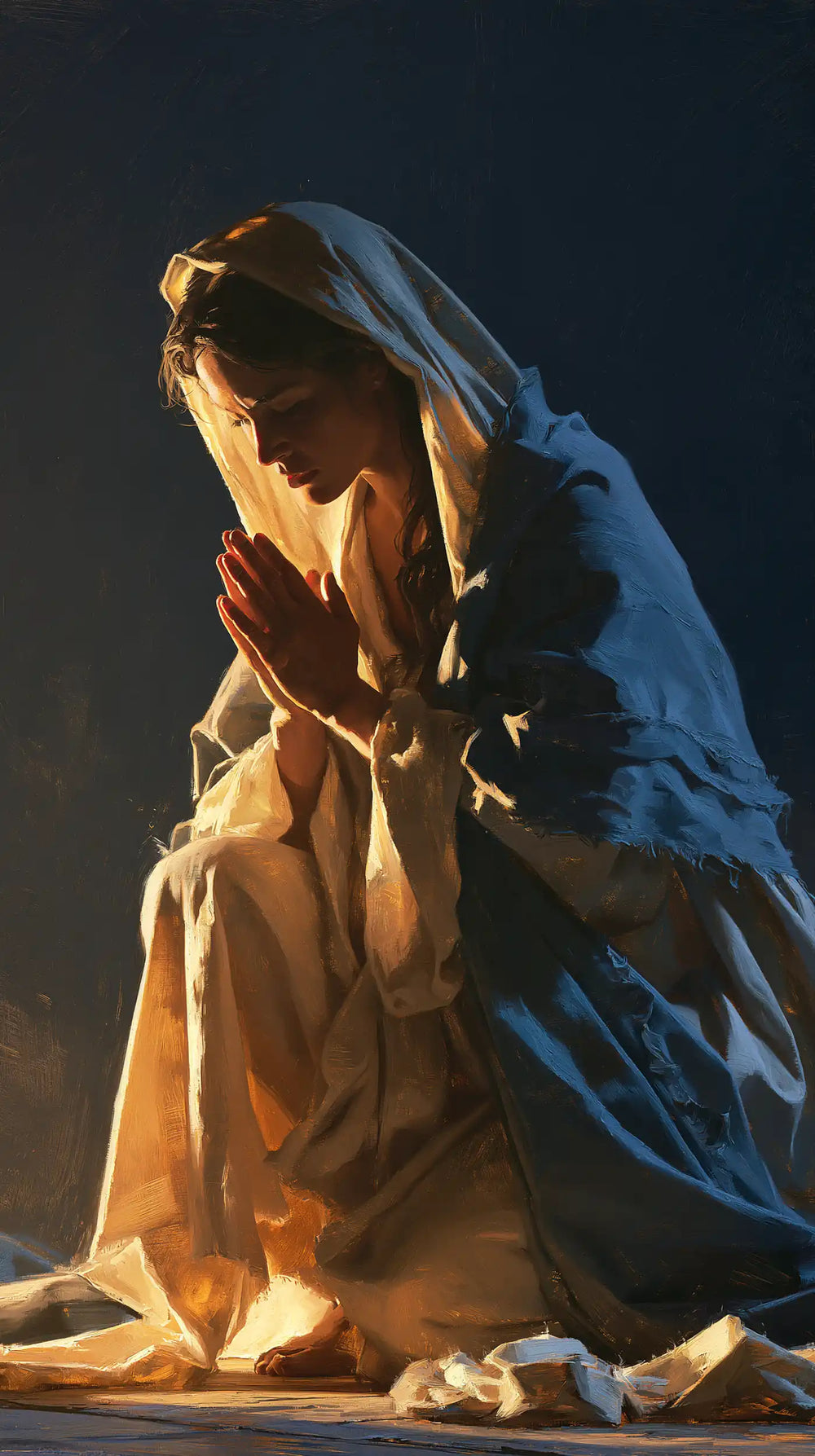 the Virgin Mary in prayer in Midnight Blue Chiaroscuro style, portrait Christian artwork no. 3