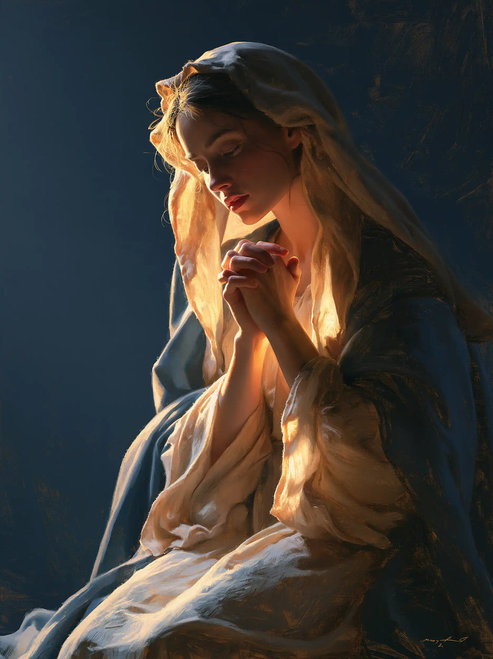the Virgin Mary in prayer in Midnight Blue Chiaroscuro style, portrait Christian artwork no. 10