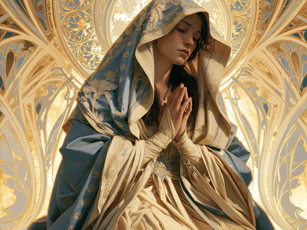 the Virgin Mary in prayer in Sacred Art Nouveau style, landscape Christian artwork no. 8