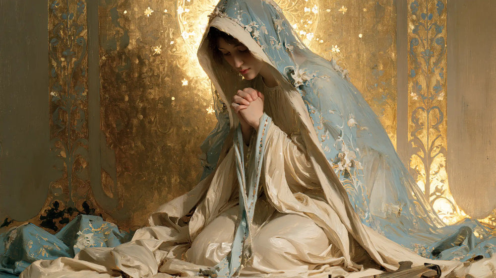 the Virgin Mary in prayer in Sacred Art Nouveau style, landscape Christian artwork no. 15