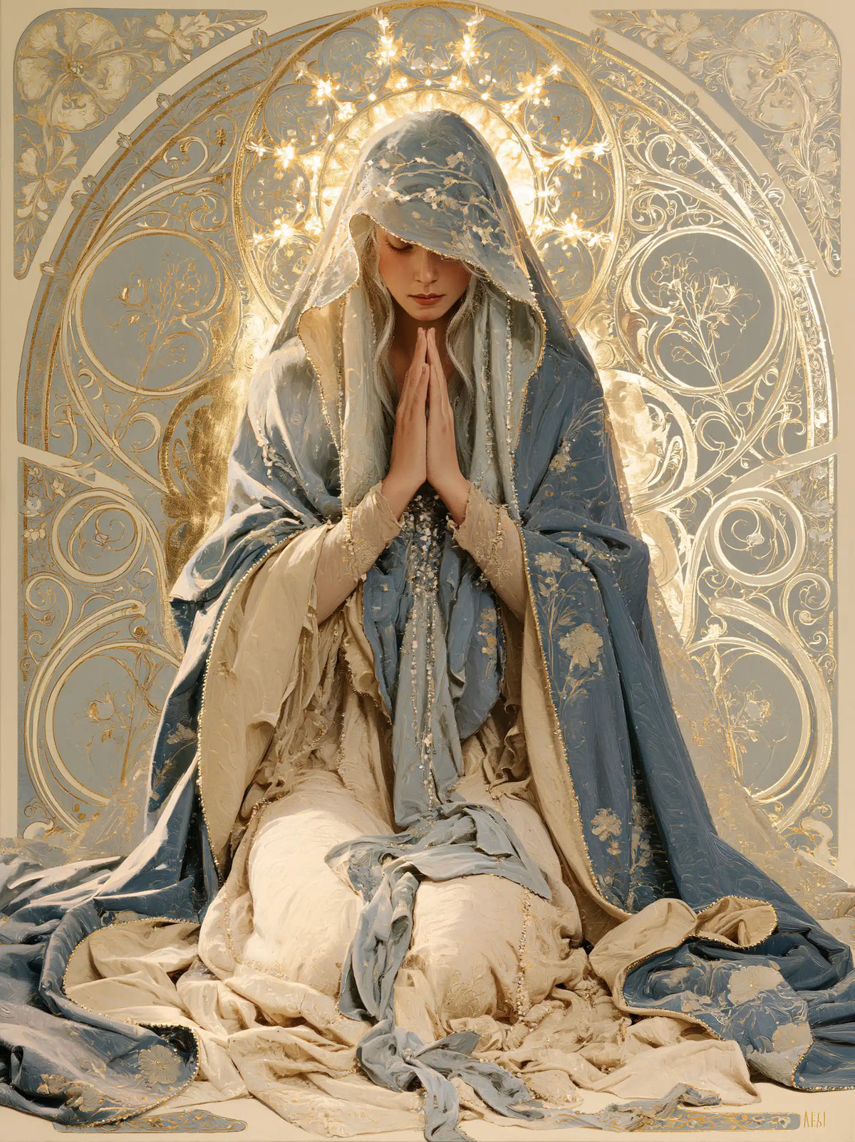 the Virgin Mary in prayer in Sacred Art Nouveau style, portrait Christian artwork no. 28