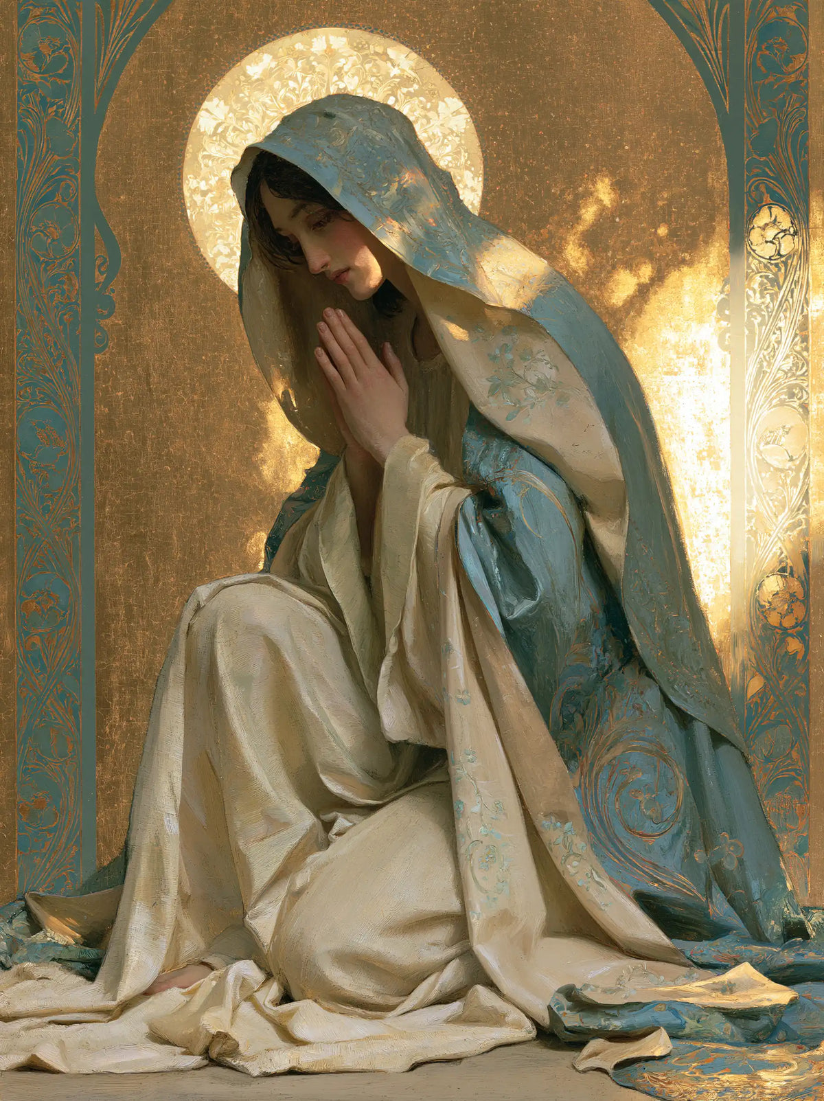 the Virgin Mary in prayer in Sacred Art Nouveau style, portrait Christian artwork no. 29