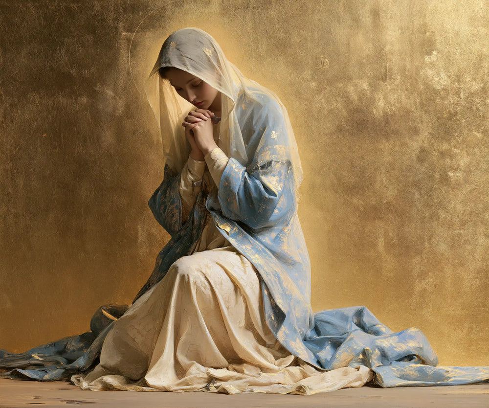 the Virgin Mary in prayer in Sacred Gold style, landscape Christian artwork no. 3