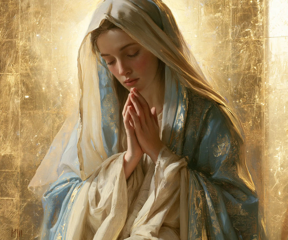 the Virgin Mary in prayer in Sacred Gold style, landscape Christian artwork no. 4