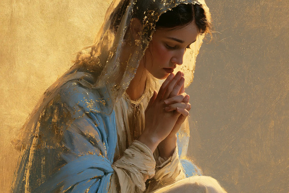 the Virgin Mary in prayer in Sacred Gold style, landscape Christian artwork no. 6