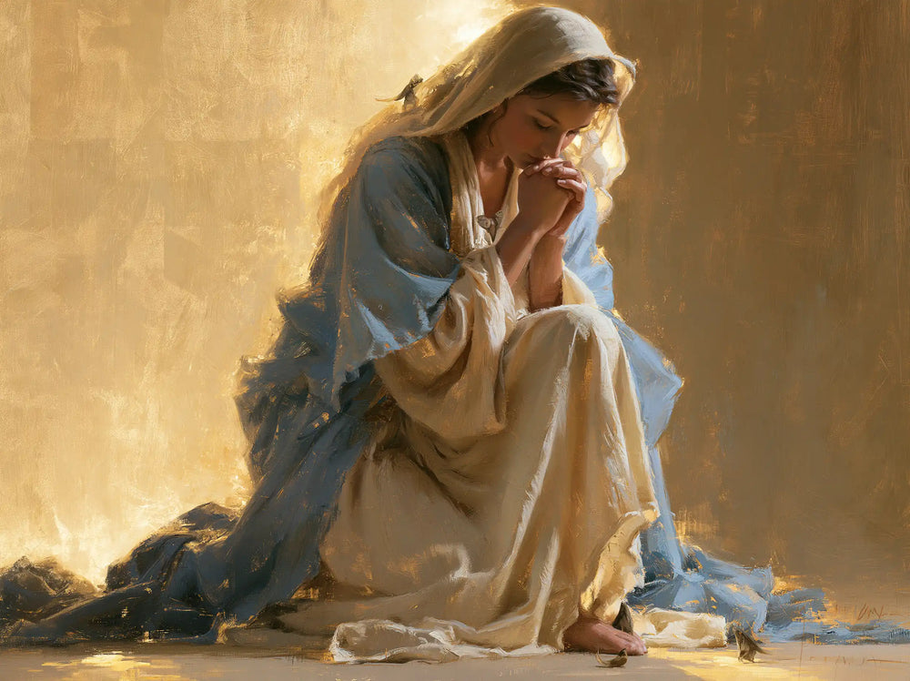 the Virgin Mary in prayer in Sacred Gold style, landscape Christian artwork no. 16