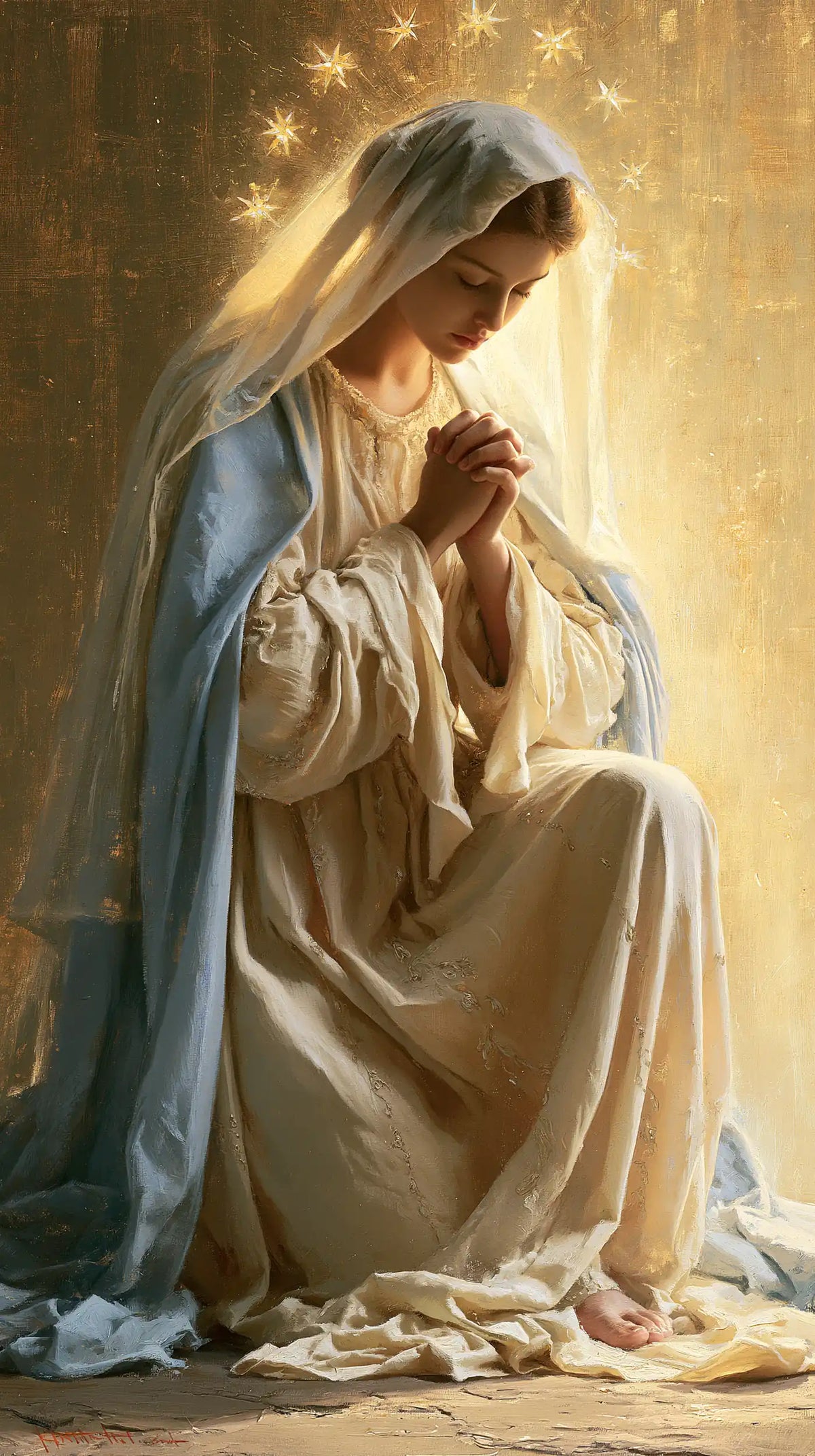 Virgin Mary in Prayer — Stars above the Pale Veil