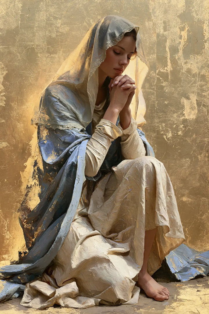 Virgin Mary in Prayer — Prayer with a Grey Linen Knee