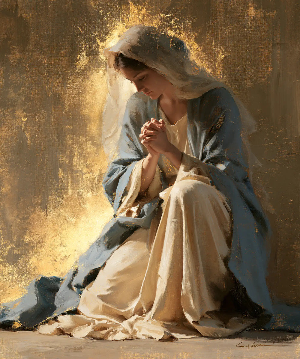 the Virgin Mary in prayer in Sacred Gold style, portrait Christian artwork no. 38