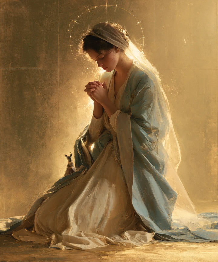 Virgin Mary in Prayer — The Water-Coloured Cloak in Quiet Gold