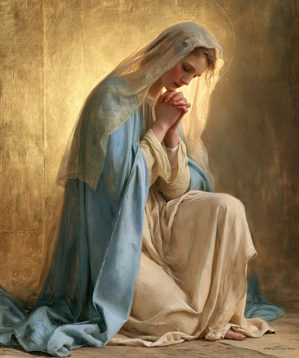 the Virgin Mary in prayer in Sacred Gold style, portrait Christian artwork no. 40