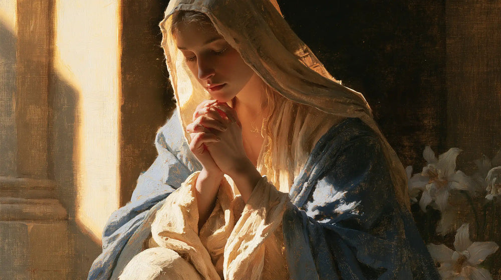 the Virgin Mary in prayer in Symbolist style, landscape Christian artwork no. 14