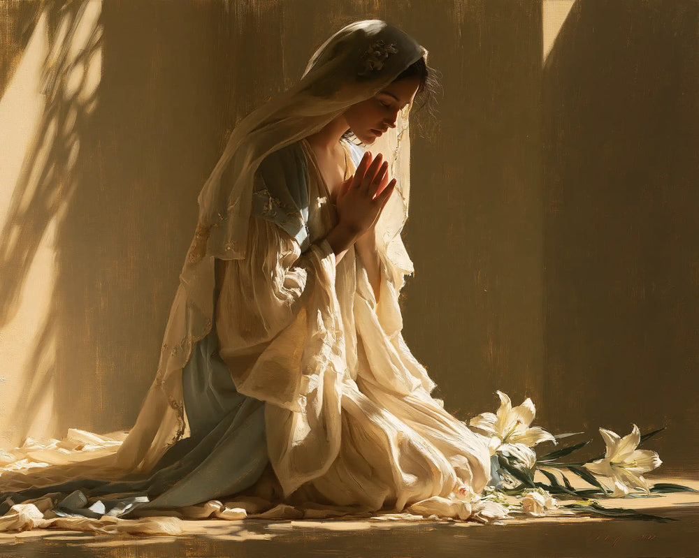 the Virgin Mary in prayer in Symbolist style, landscape Christian artwork no. 18
